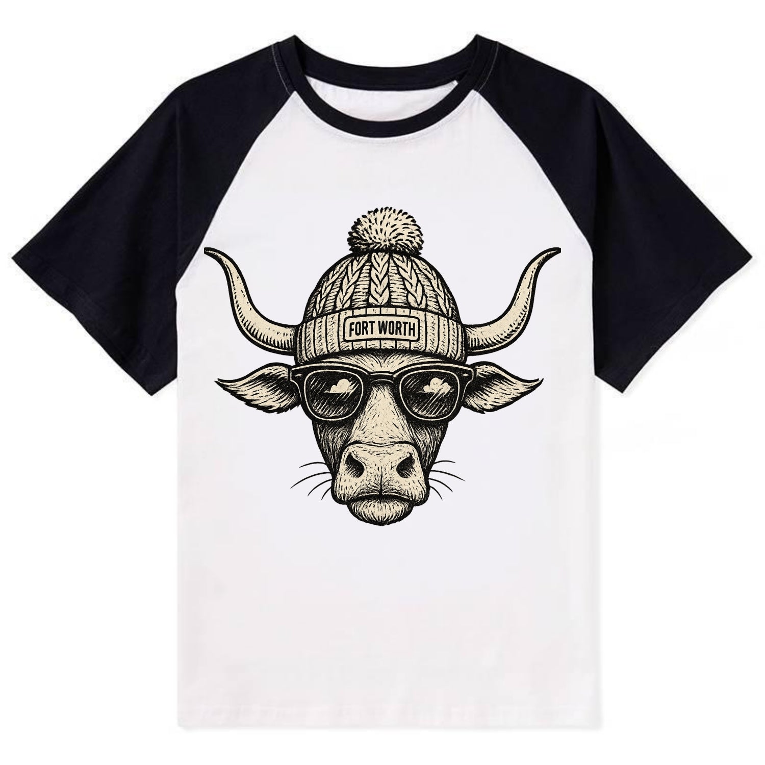 Fort Worth Longhorn wearing Fort Worth beanie with pom pom and wayfarer - Contrast Raglan T-shirt - Black