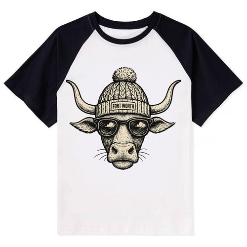 Fort Worth Longhorn wearing Fort Worth beanie with pom pom and wayfarer - Contrast Raglan T-shirt