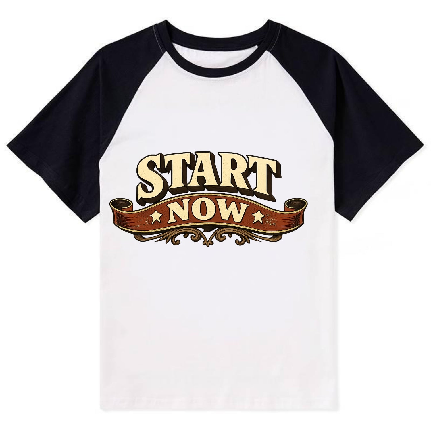 Bold typography design - "START NOW" - begin immediately, no delay - Contrast Raglan T-shirt - Black