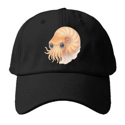 Baby Nautilus - spiral shell, tentacles peeking, ancient eyes, front-facing, living - Baseball Cap - Black