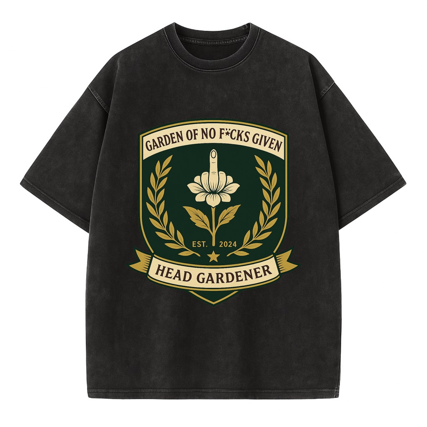 Shield with middle finger flower - "Garden of No F*cks Given - Head Gardener" - - Vintage T-shirt - Black