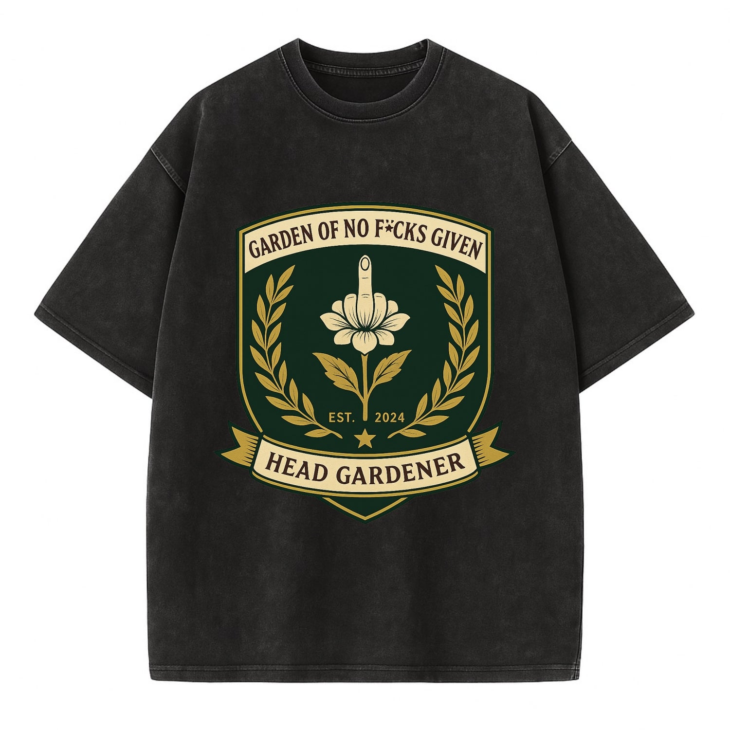 Shield with middle finger flower - "Garden of No F*cks Given - Head Gardener" - - Vintage T-shirt - Black