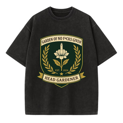 Shield with middle finger flower - "Garden of No F*cks Given - Head Gardener" - - Vintage T-shirt - Black