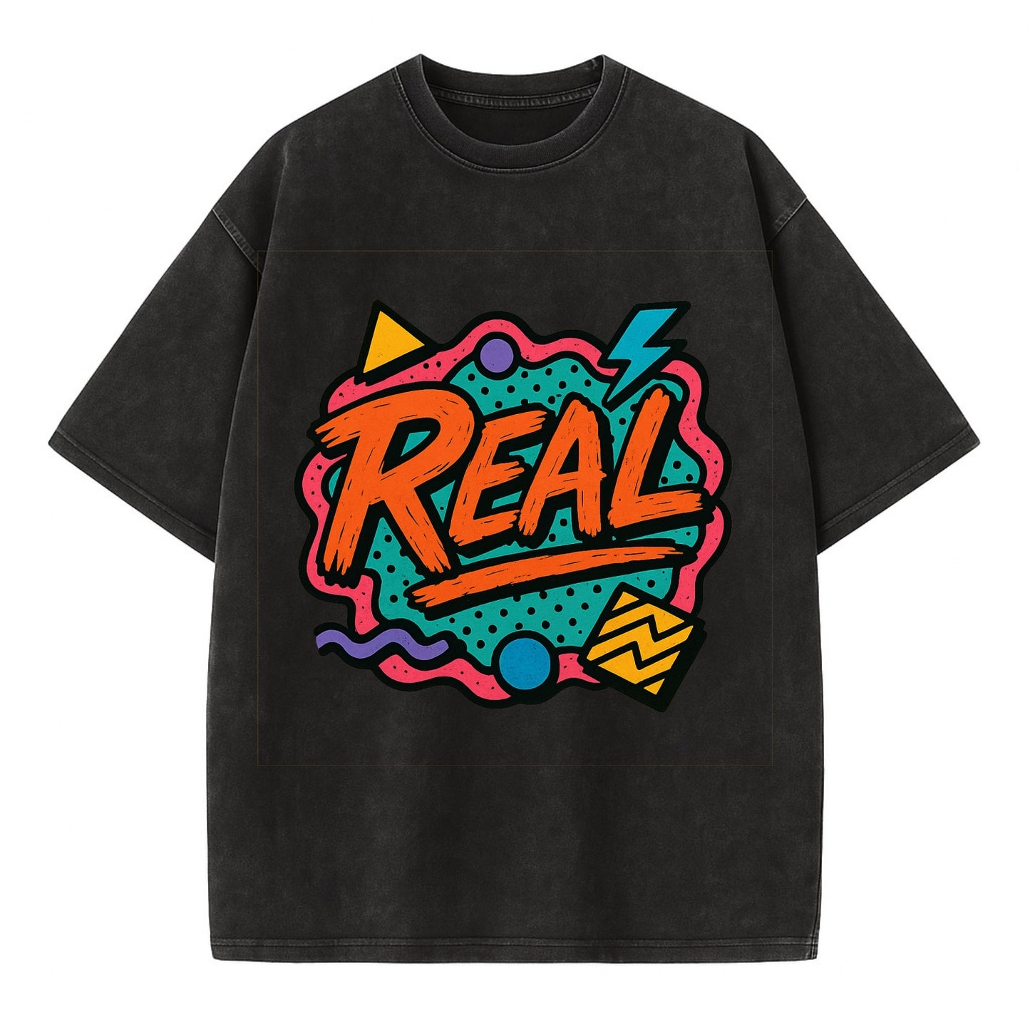 Imperfect brush strokes spelling "Real" - authenticity over perfection, raw and - Vintage T-shirt - Black
