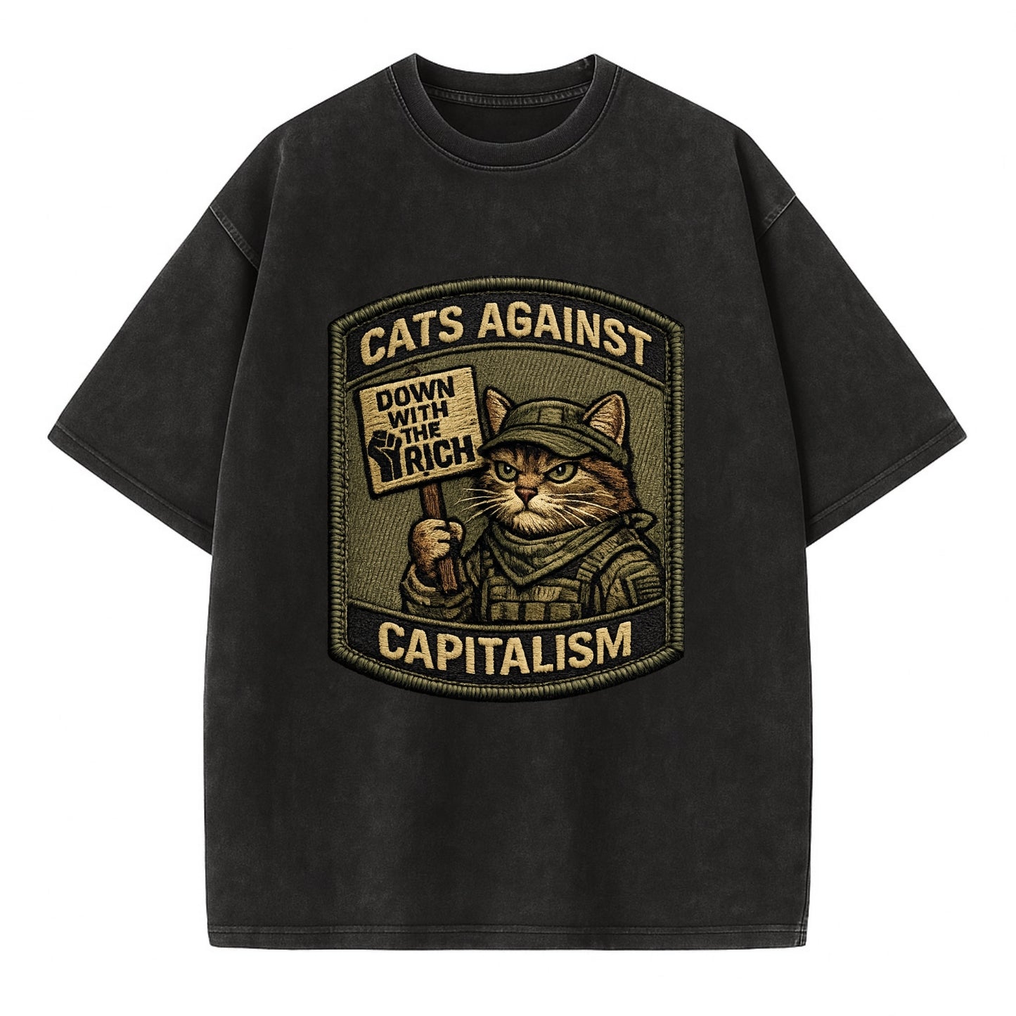 CATS AGAINST CAPITALISM - cat with protest sign in red , political cat - Vintage T-shirt - Black