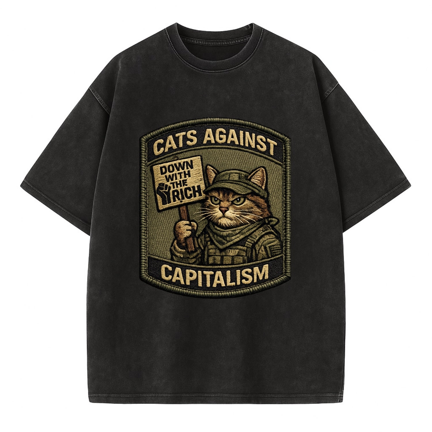 CATS AGAINST CAPITALISM - cat with protest sign in red , political cat - Vintage T-shirt - Black