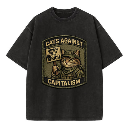 CATS AGAINST CAPITALISM - cat with protest sign in red , political cat - Vintage T-shirt - Black