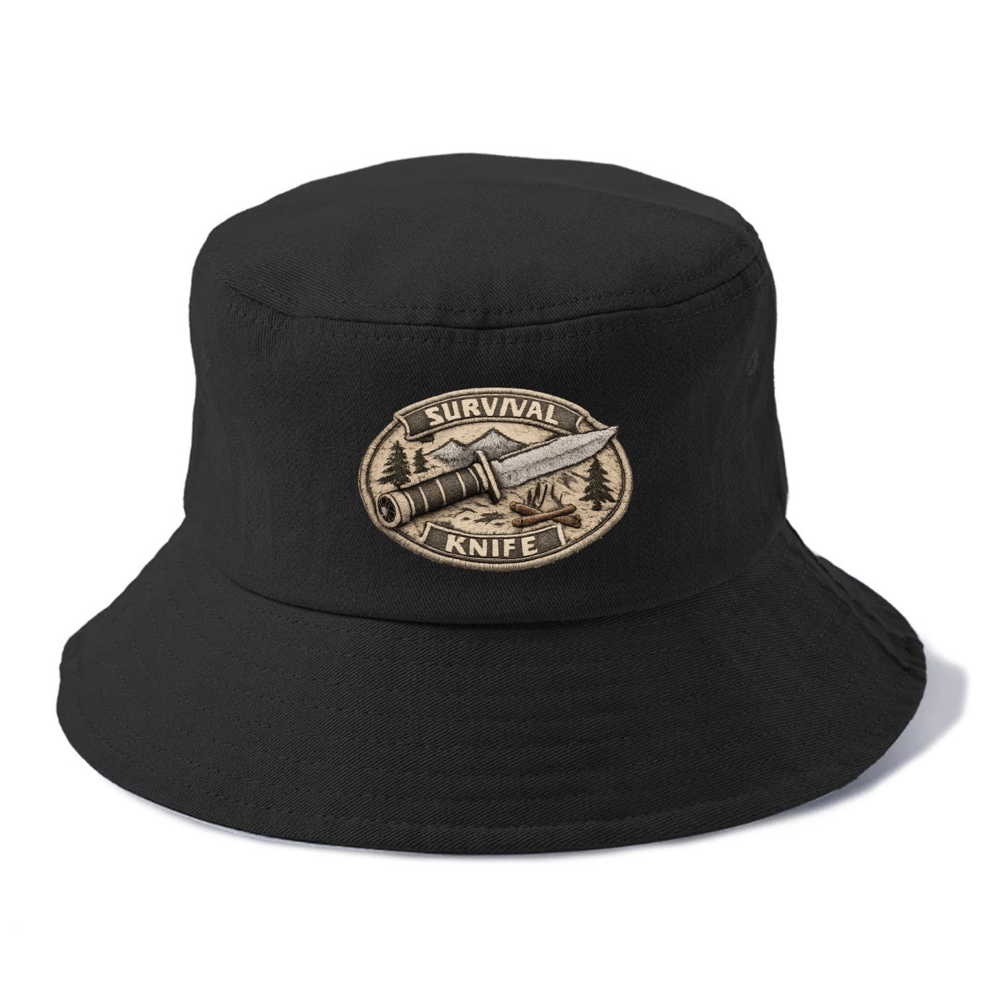 SURVIVAL KNIFE - fixed blade with compass in silver and black , bushcraft - Bucket Hat - Black