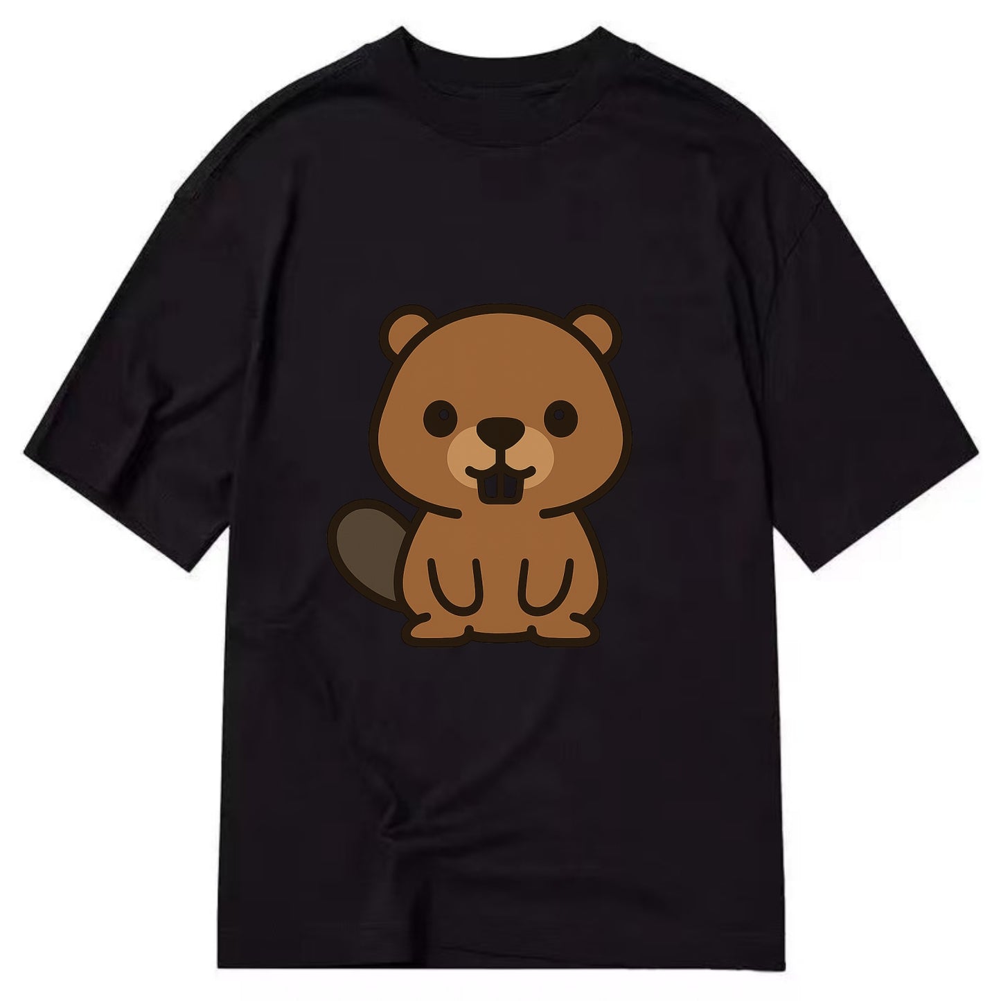 Baby Beaver - brown fur, paddle tail, buck teeth, friendly eyes, front-facing, - Classic T-shirt - Black