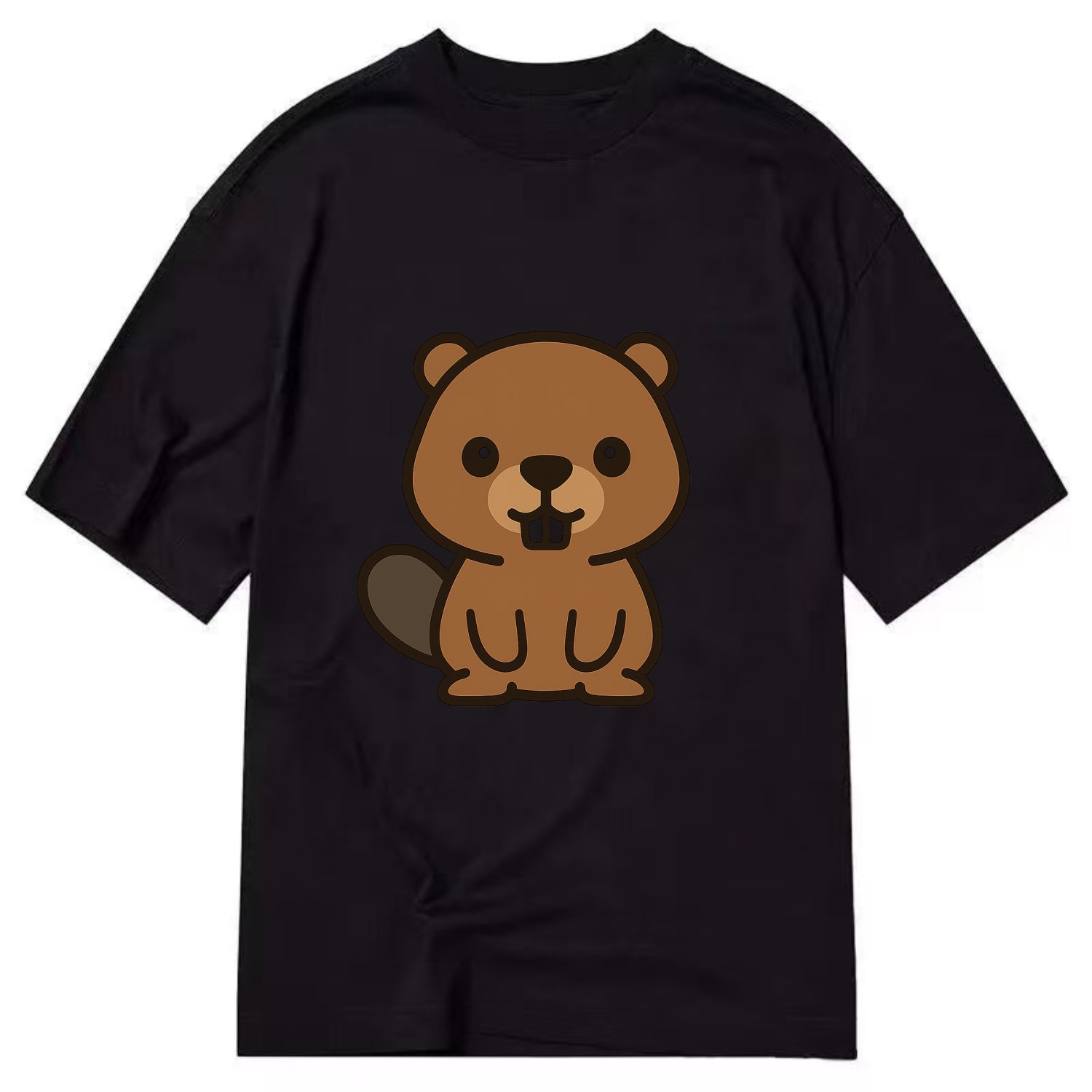 Baby Beaver - brown fur, paddle tail, buck teeth, friendly eyes, front-facing, - Classic T-shirt - Black