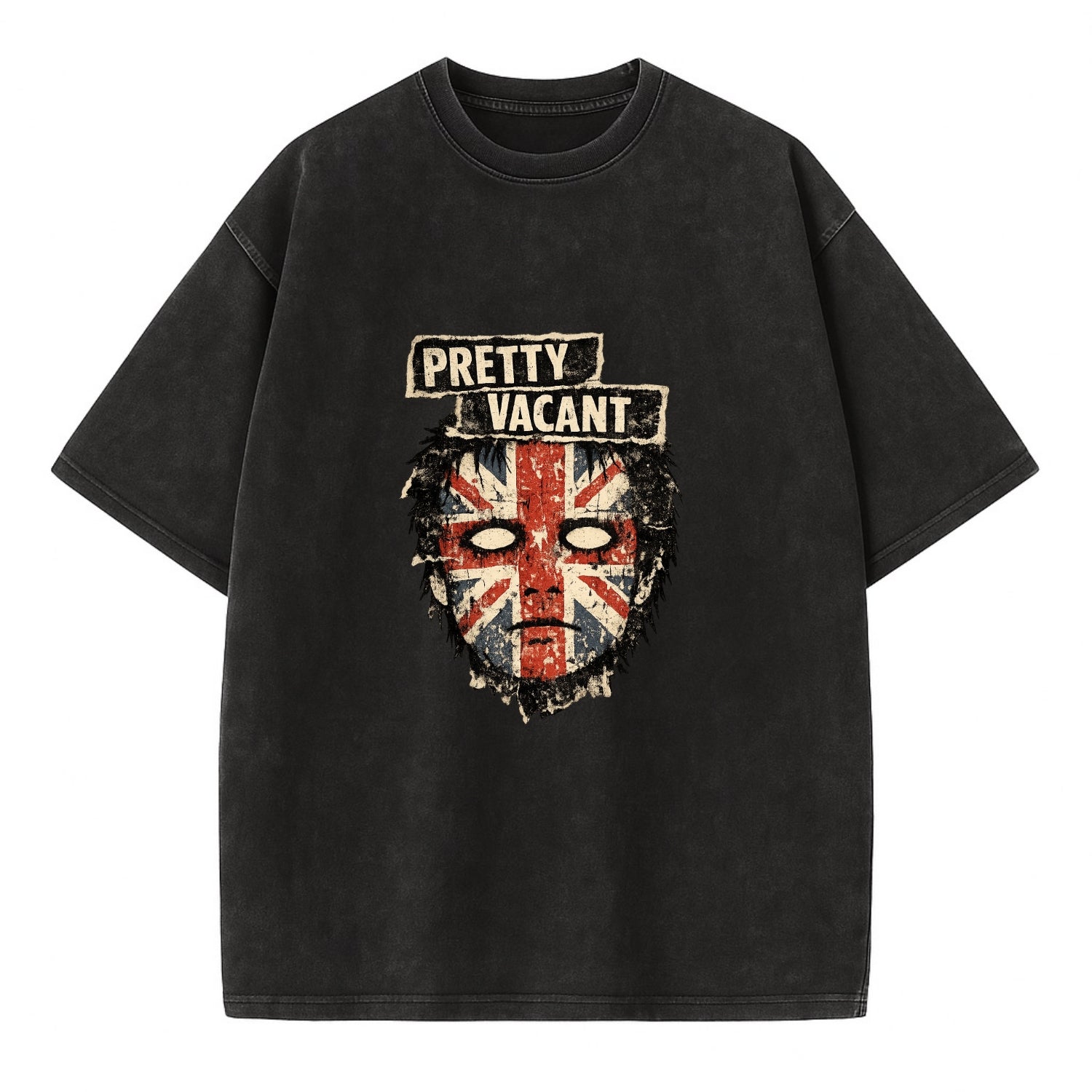 PRETTY VACANT | Blank stare Union Jack face | Empty expression | Punk nihilism | - Vintage T-shirt - Black
