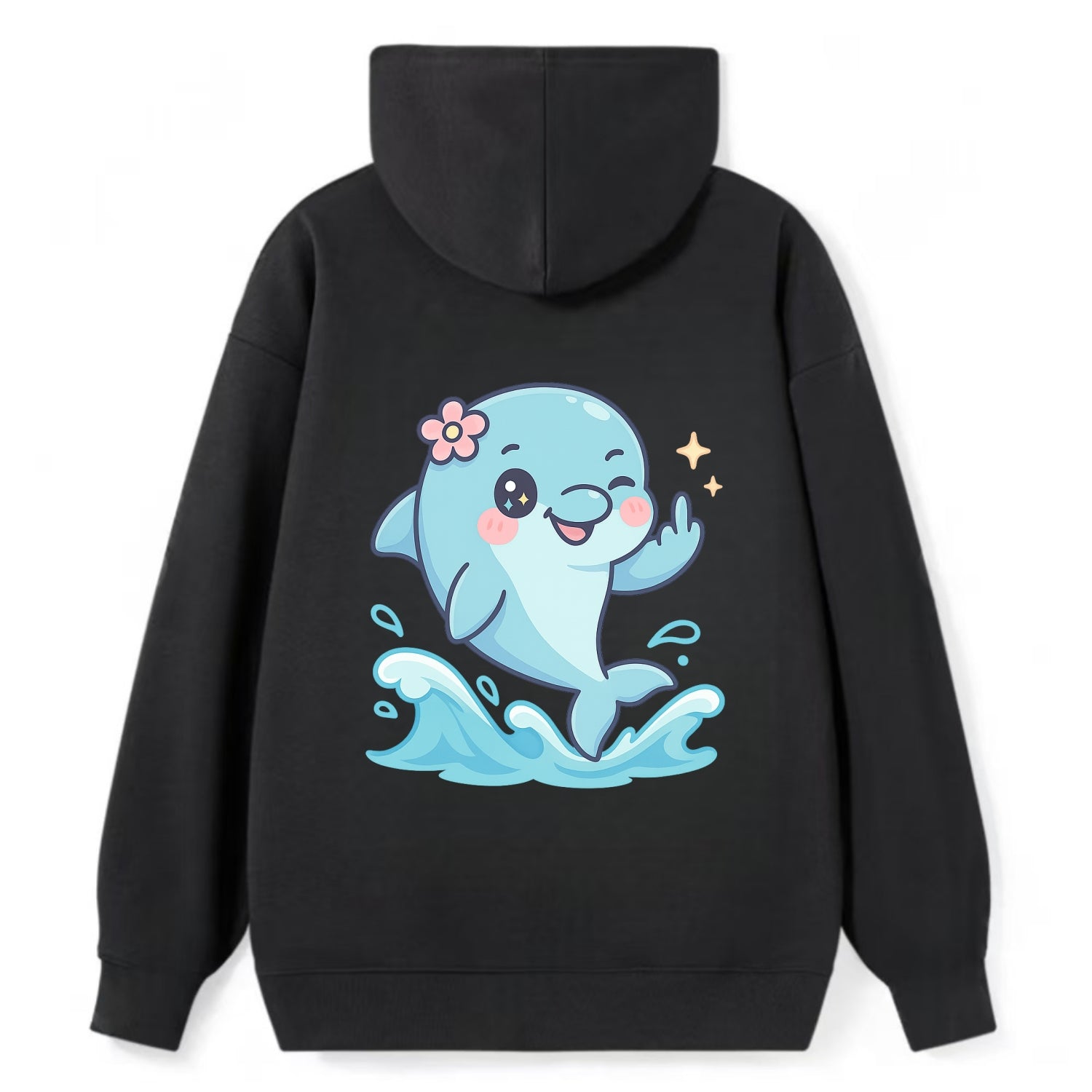 smiling dolphin jumping through ocean waves, one fin up with attitude - Classic Pullover Hoodie - Black