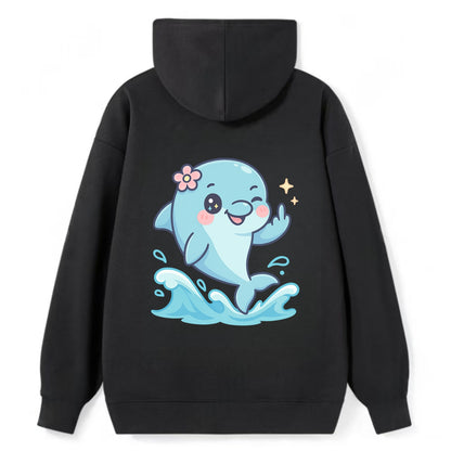 smiling dolphin jumping through ocean waves, one fin up with attitude - Classic Pullover Hoodie - Black