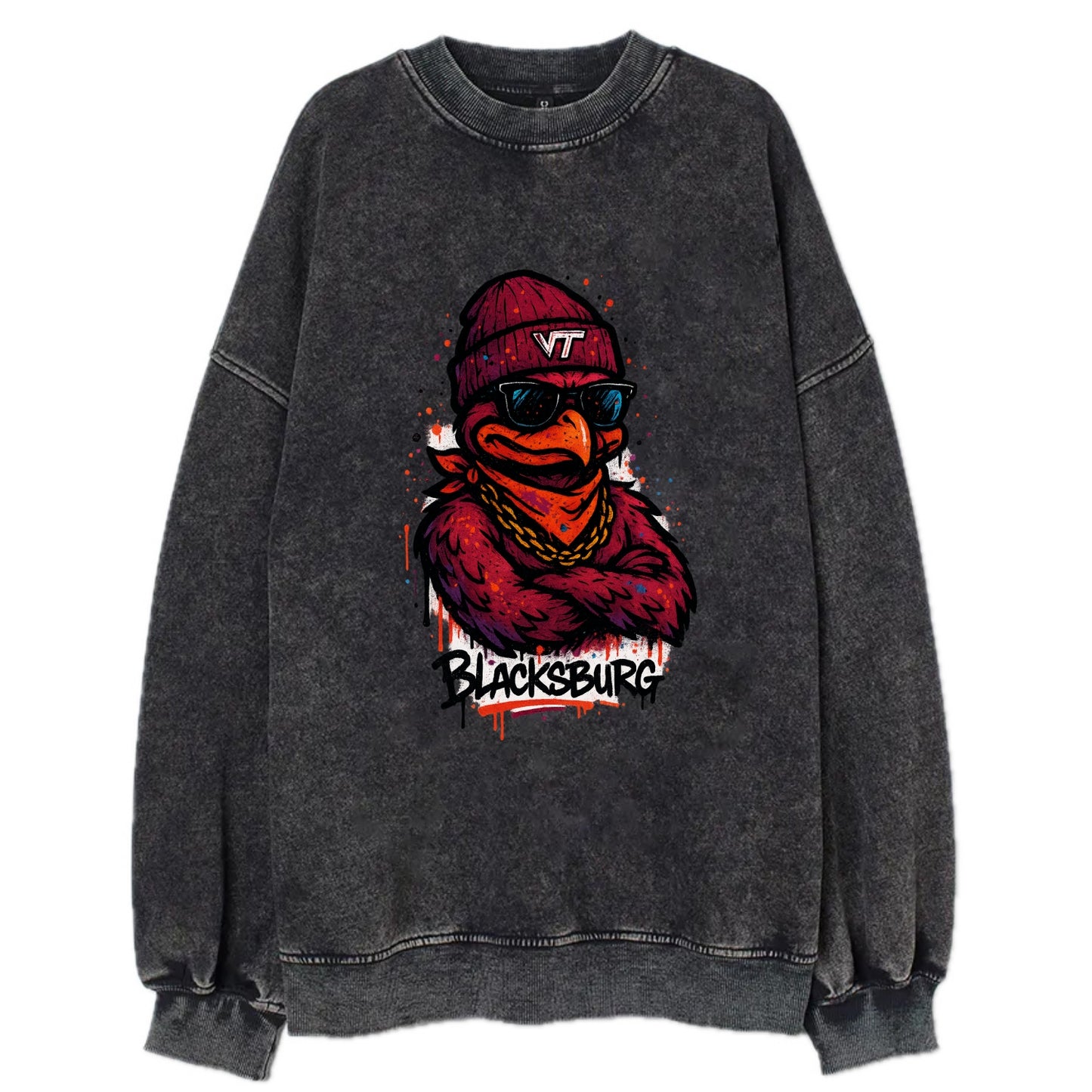 Blacksburg HokieBird wearing Virginia Tech beanie with VT patch - Vintage Sweatshirt - Black