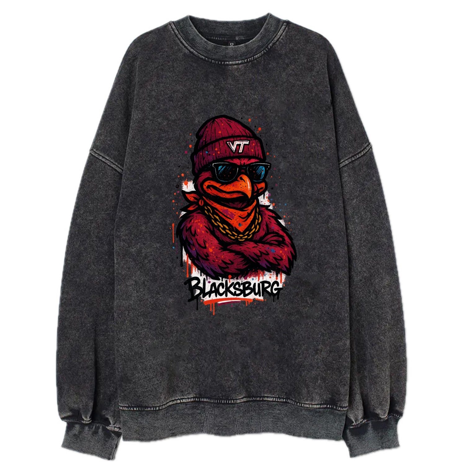 Blacksburg HokieBird wearing Virginia Tech beanie with VT patch - Vintage Sweatshirt - Black