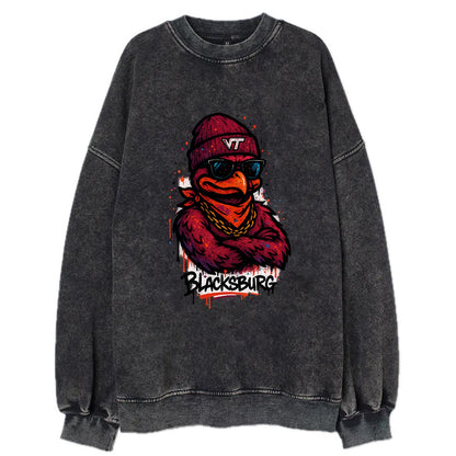 Blacksburg HokieBird wearing Virginia Tech beanie with VT patch - Vintage Sweatshirt - Black