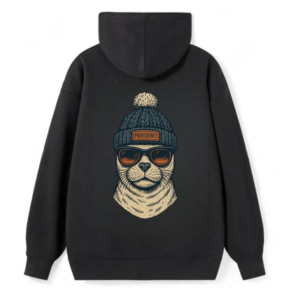 Rhode Island Harbor Seal wearing Providence beanie with pom pom and - Classic Pullover Hoodie - Black