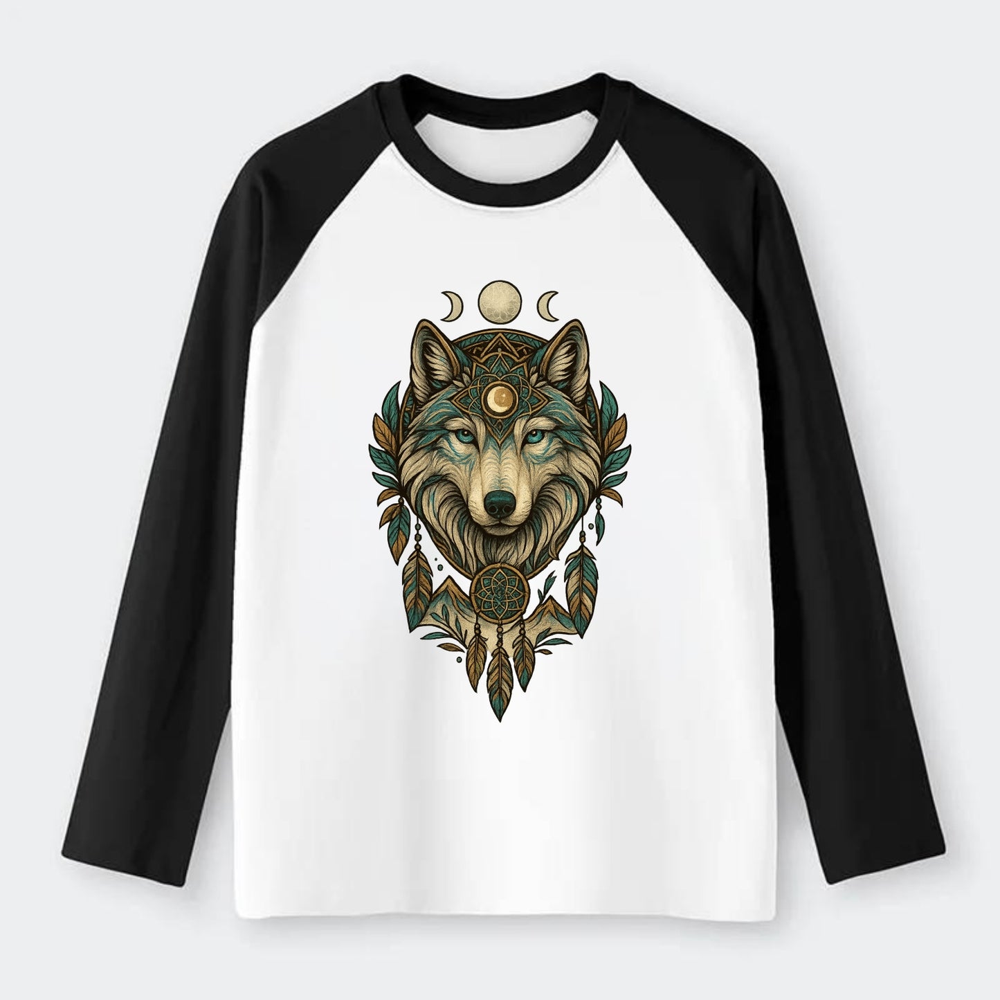 Pearl Wolf Shimmer  - Raglan Long Sleeve T-Shirt - Black