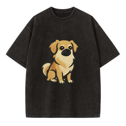 Tibetan Spaniel - Fawn small dog embroidered design - Vintage T-shirt - Black