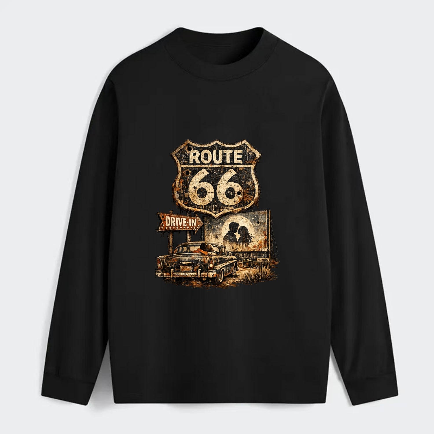 DRIVE-IN | Classic car at drive-in theater | Movie night romance | - Classic Long Sleeve Shirt - Black