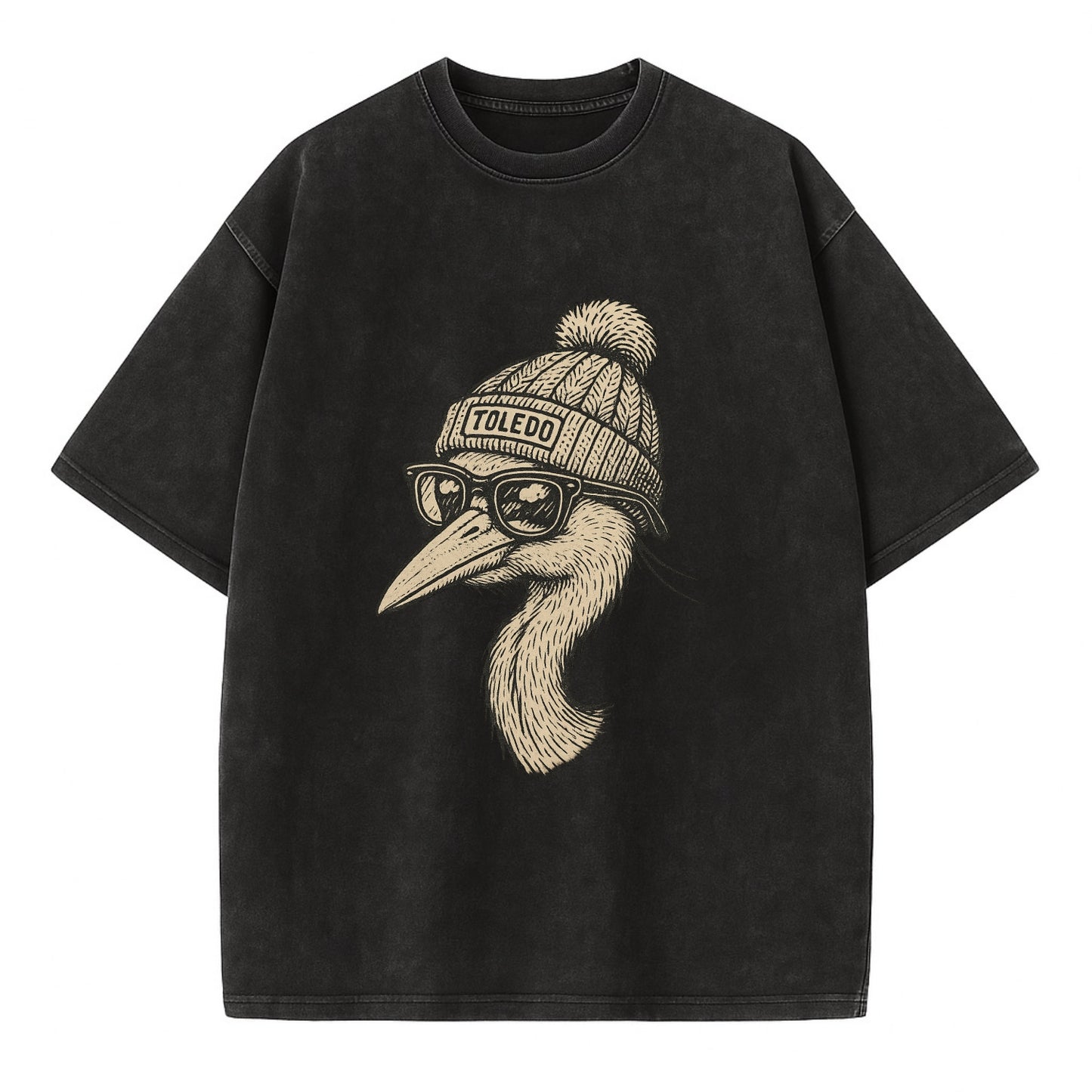 Toledo Great Blue Heron wearing Toledo beanie with pom pom and wayfarer sunglasses - Vintage T-shirt - Black