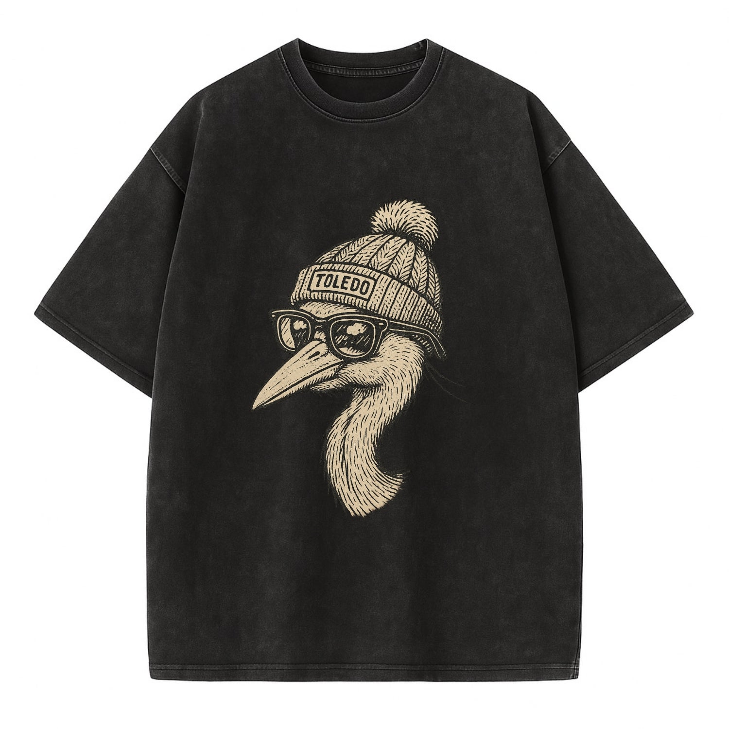 Toledo Great Blue Heron wearing Toledo beanie with pom pom and wayfarer sunglasses - Vintage T-shirt - Black
