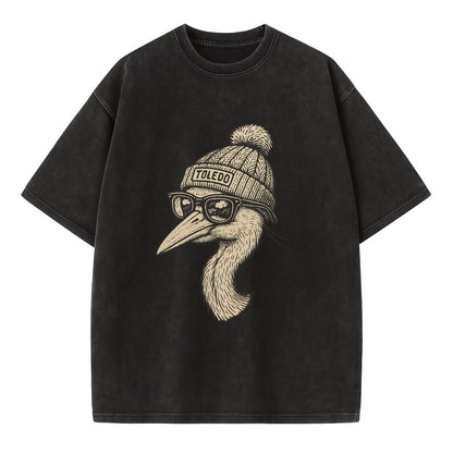 Toledo Great Blue Heron wearing Toledo beanie with pom pom and wayfarer sunglasses - Vintage T-shirt - Black
