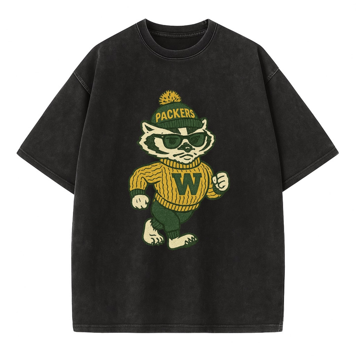 Wisconsin Badger wearing Packers green and gold beanie with pom pom and wayfarer - Vintage T-shirt - Black