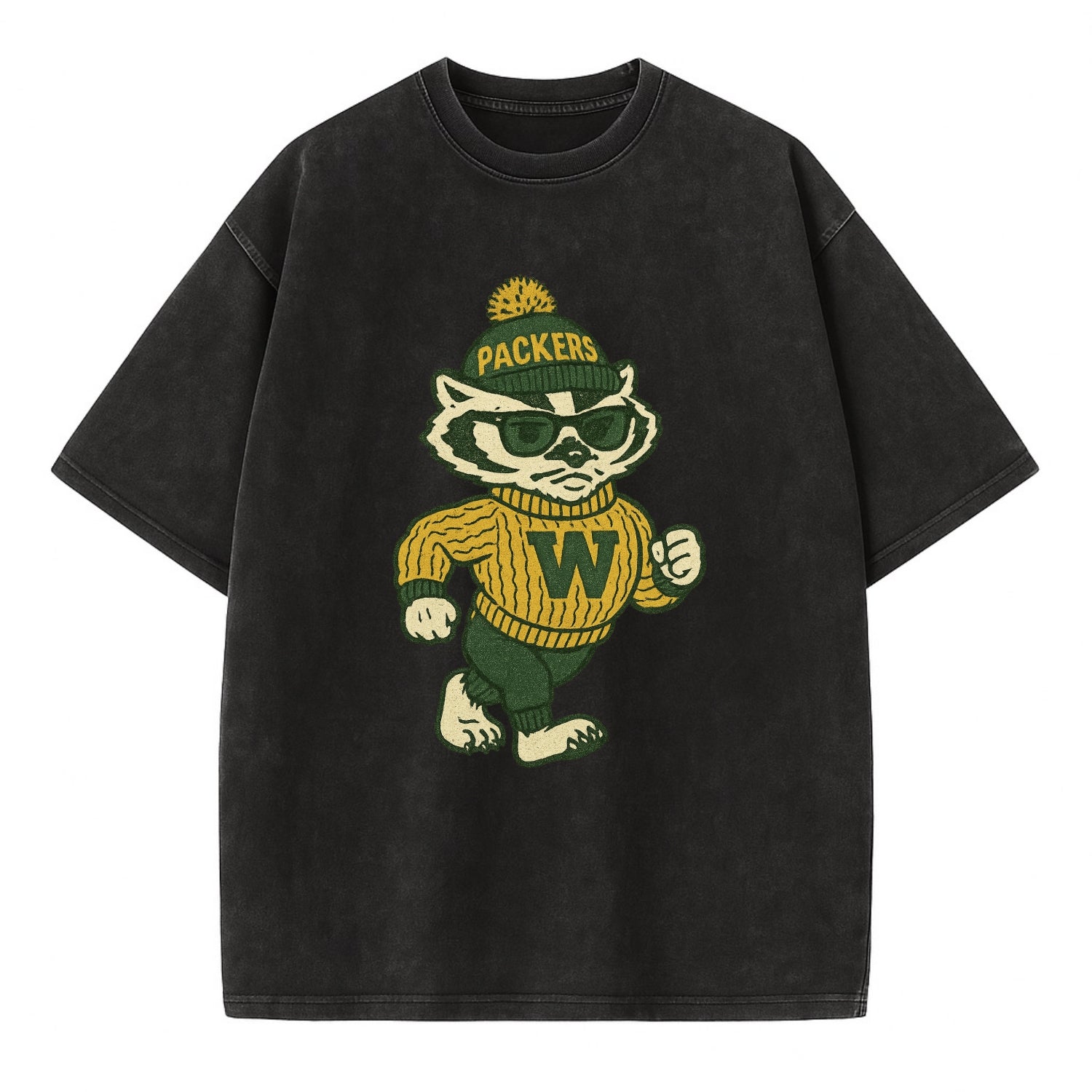 Wisconsin Badger wearing Packers green and gold beanie with pom pom and wayfarer - Vintage T-shirt - Black