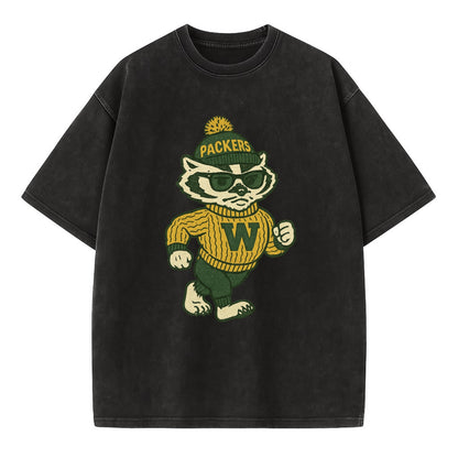 Wisconsin Badger wearing Packers green and gold beanie with pom pom and wayfarer - Vintage T-shirt - Black