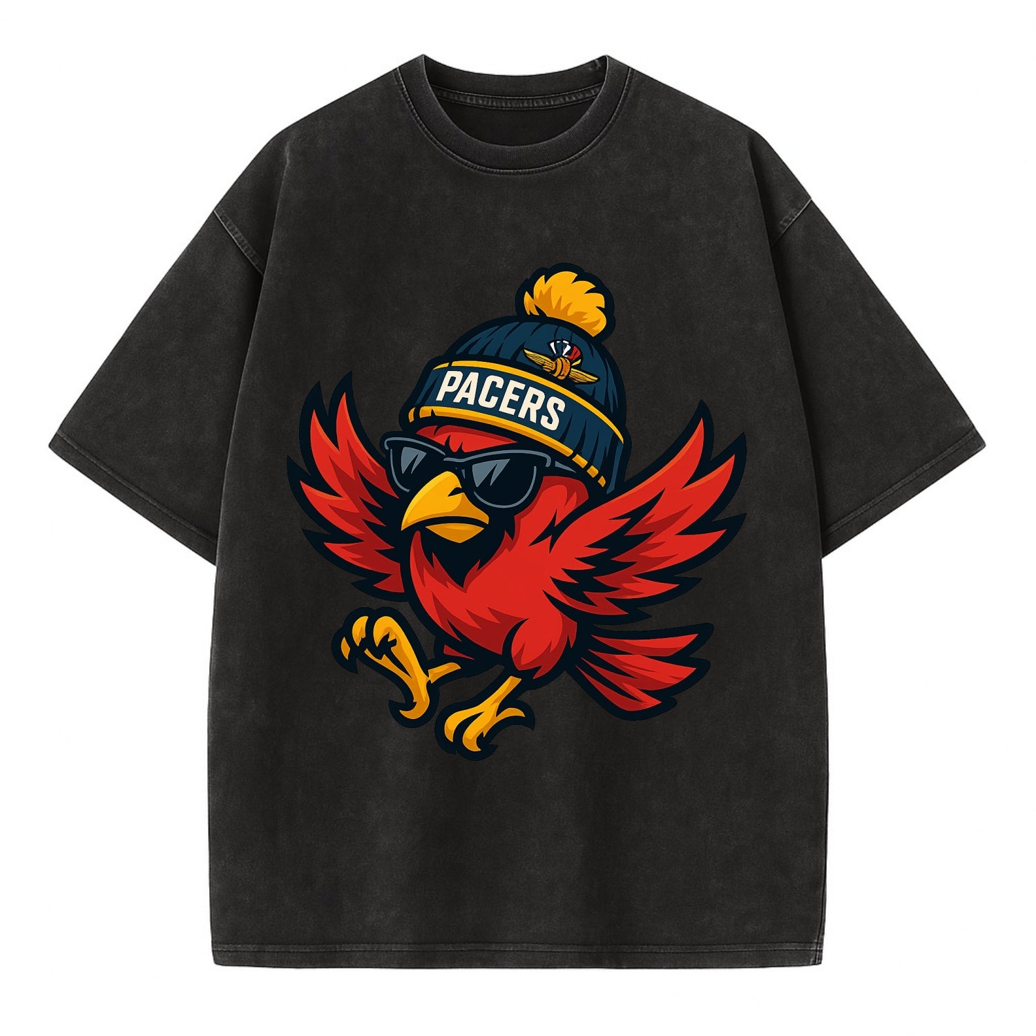 Indiana Cardinal wearing Pacers beanie with speedway patch and wayfarer sunglasses - Vintage T-shirt - Black
