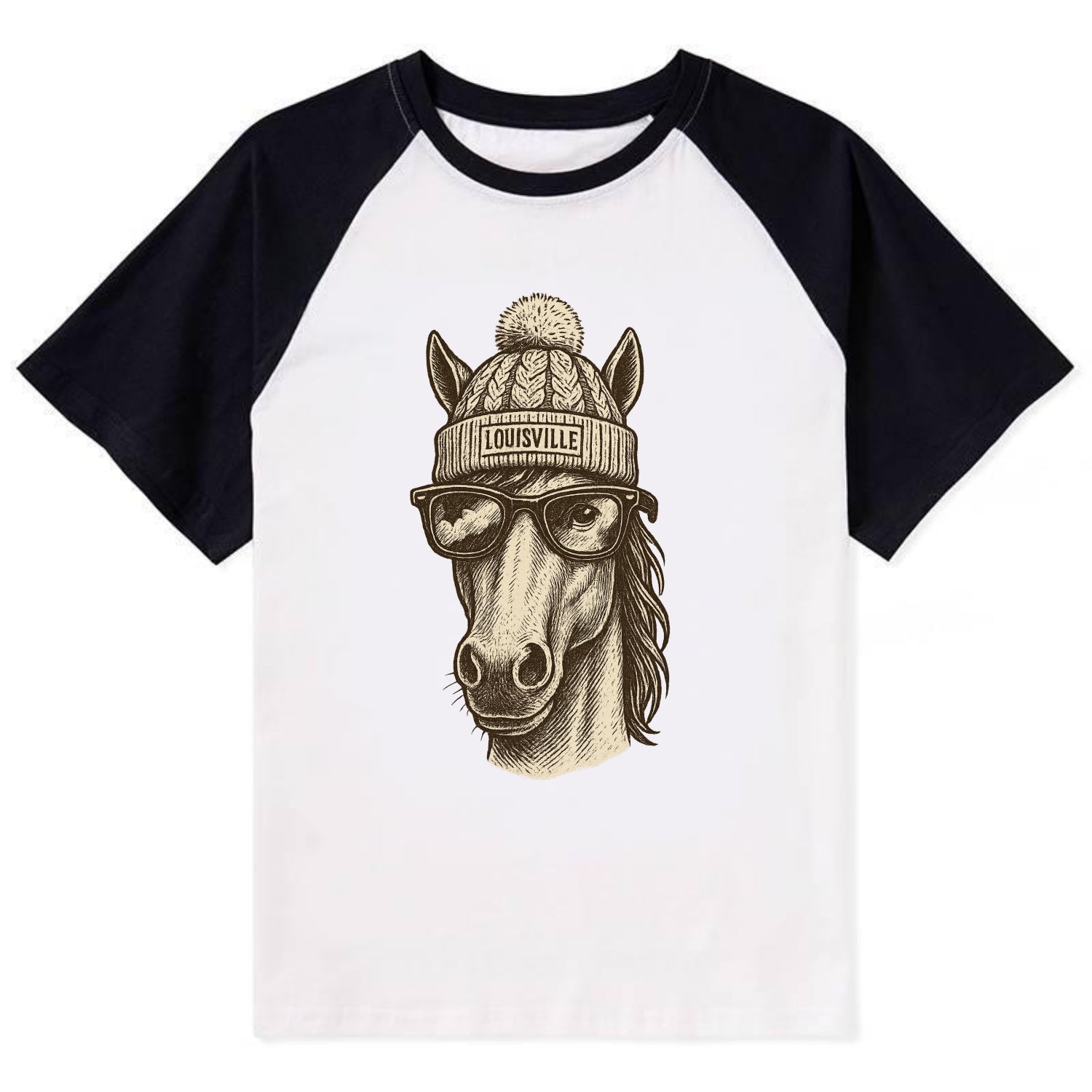 Kentucky Thoroughbred Horse wearing Louisville beanie with pom pom and - Contrast Raglan T-shirt - Black