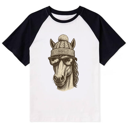 Kentucky Thoroughbred Horse wearing Louisville beanie with pom pom and - Contrast Raglan T-shirt - Black