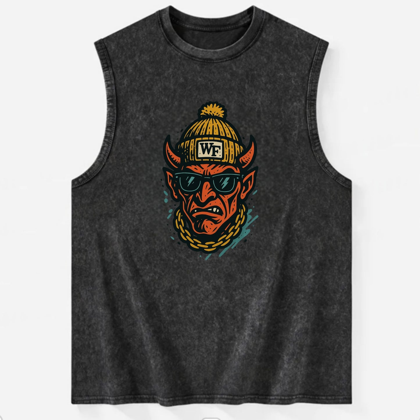 Winston-Salem Demon wearing Wake Forest beanie with WF patch - Vintage Washed Tank - Black