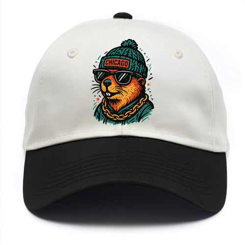 Illinois Prairie Dog wearing Chicago beanie with pom pom and wayfarer sunglasses - Two Tone Cap