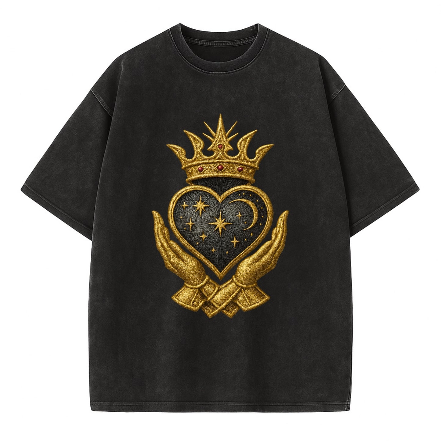 Hammered bronze warrior crown anchoring a dark steel heart with shield-bearing - Vintage T-shirt - Black
