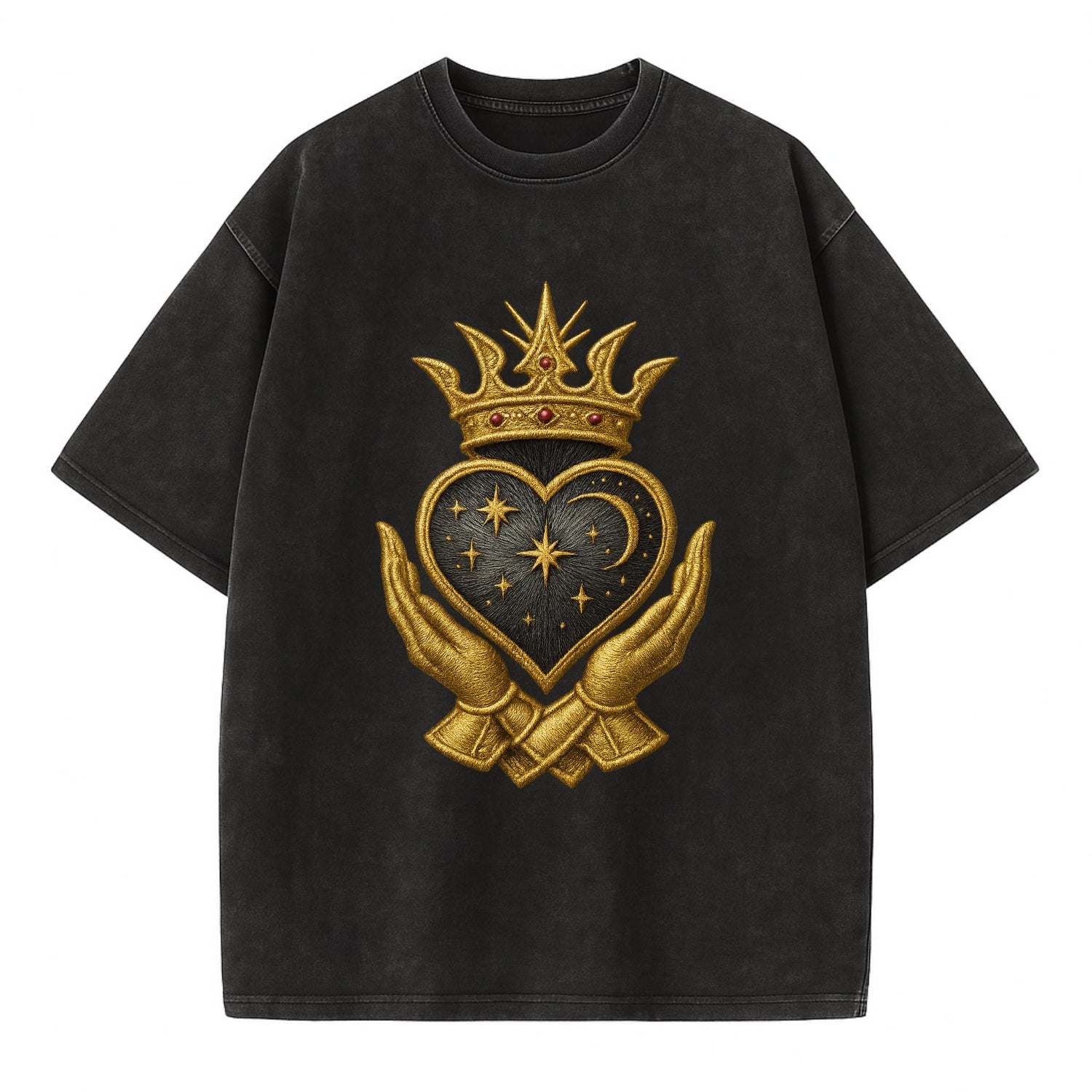 Hammered bronze warrior crown anchoring a dark steel heart with shield-bearing - Vintage T-shirt - Black