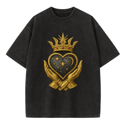 Hammered bronze warrior crown anchoring a dark steel heart with shield-bearing - Vintage T-shirt - Black