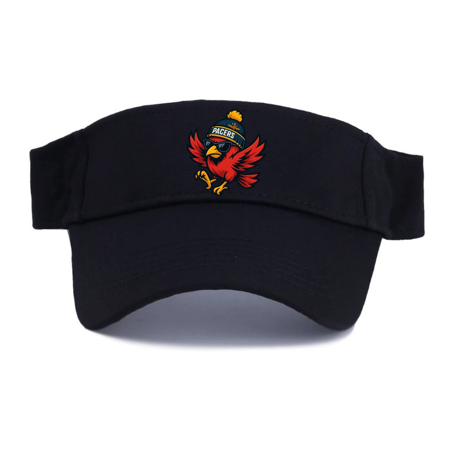 Indiana Cardinal wearing Pacers beanie with speedway patch and wayfarer sunglasses - Visor - Black