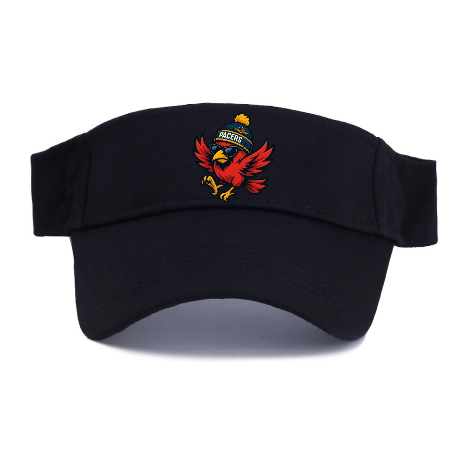 Indiana Cardinal wearing Pacers beanie with speedway patch and wayfarer sunglasses - Visor - Black