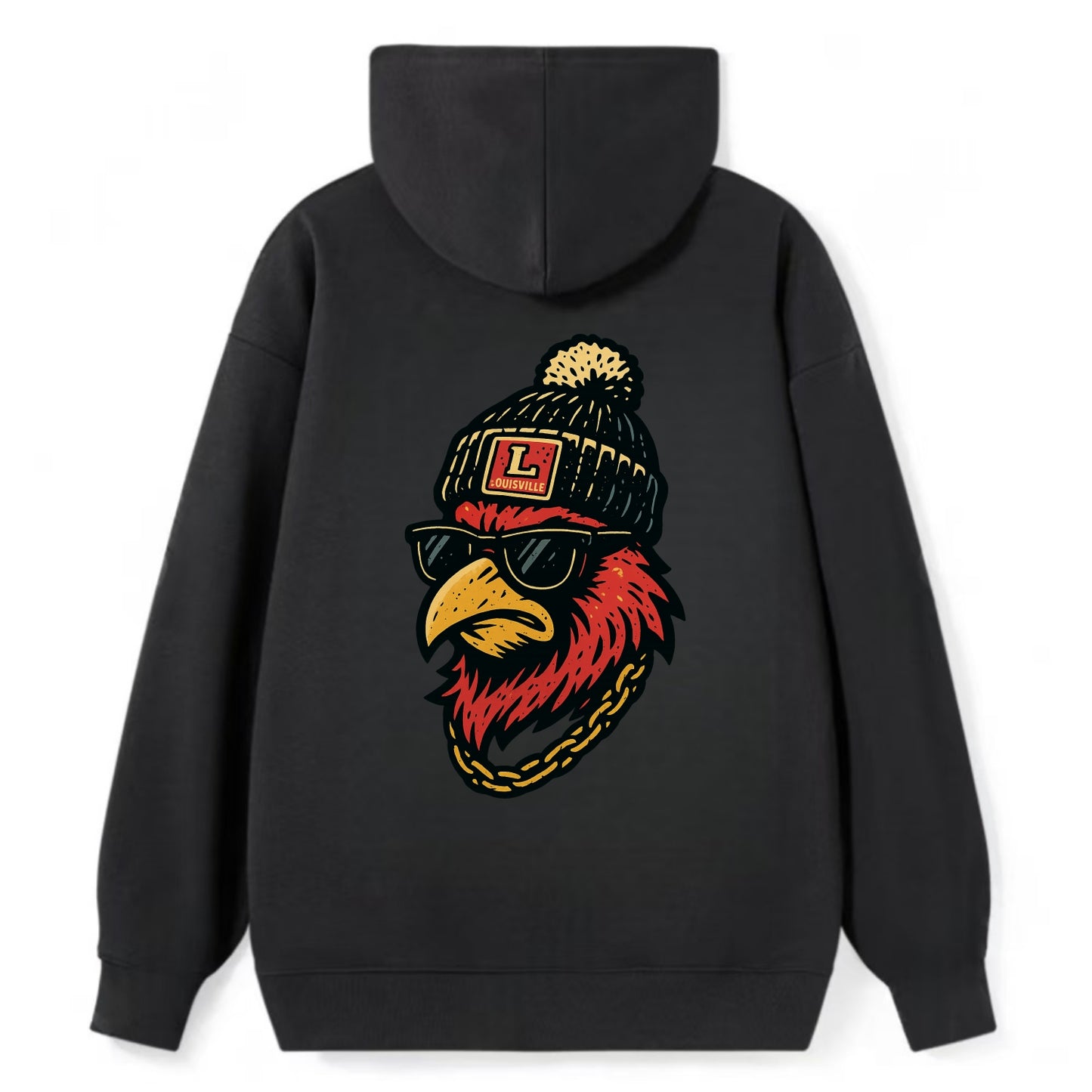 Louisville Cardinal wearing Louisville beanie with L patch - Classic Pullover Hoodie - Black