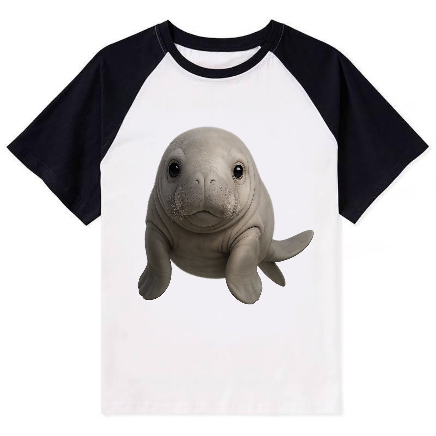 Baby Dugong - gray with paddle tail, gentle expression, whiskers, - Contrast Raglan T-shirt - Black