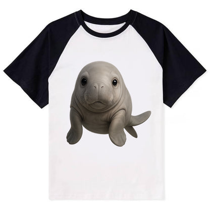 Baby Dugong - gray with paddle tail, gentle expression, whiskers, - Contrast Raglan T-shirt - Black