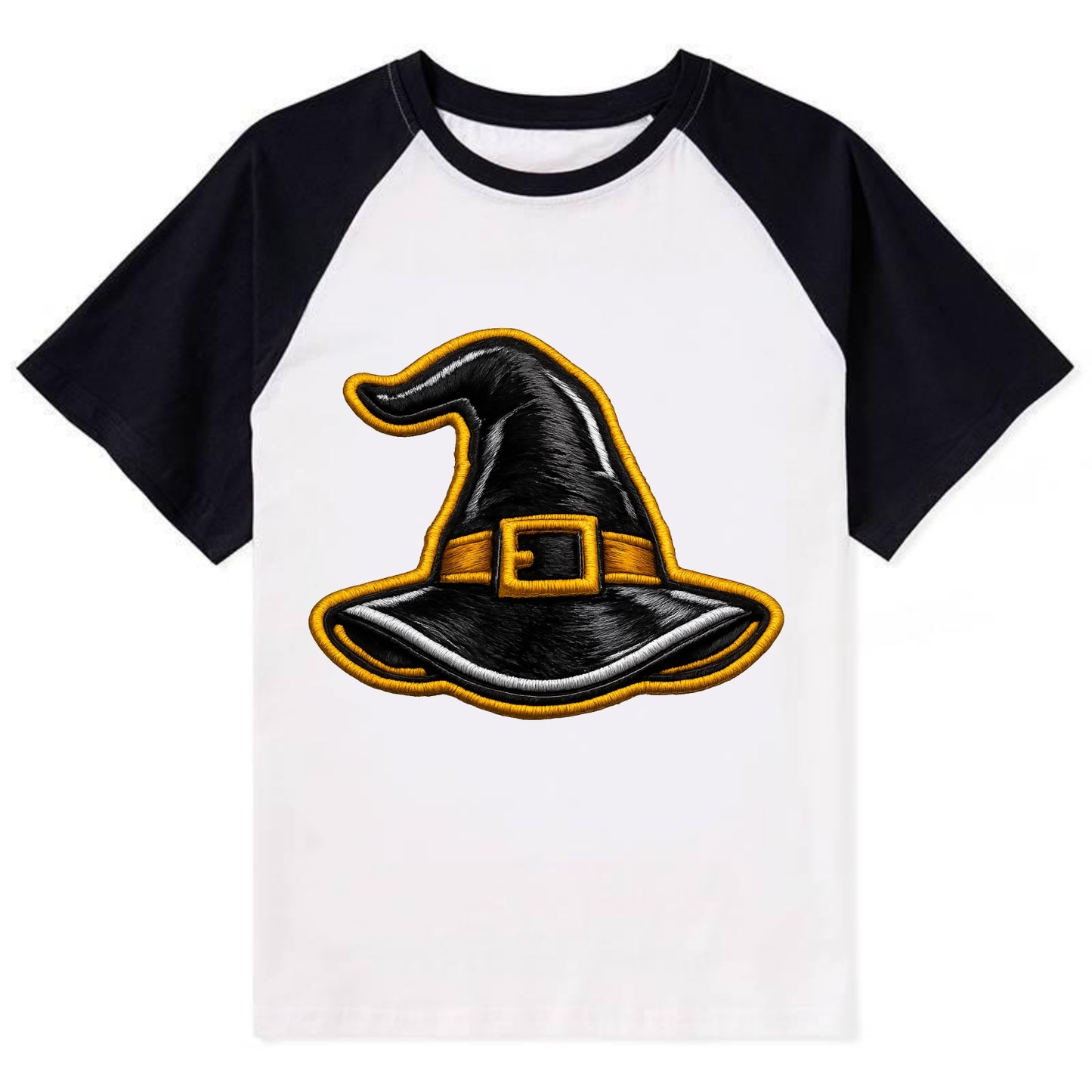 WITCH HAT - pointed hat with buckle in black and gold , coven - Contrast Raglan T-shirt - Black