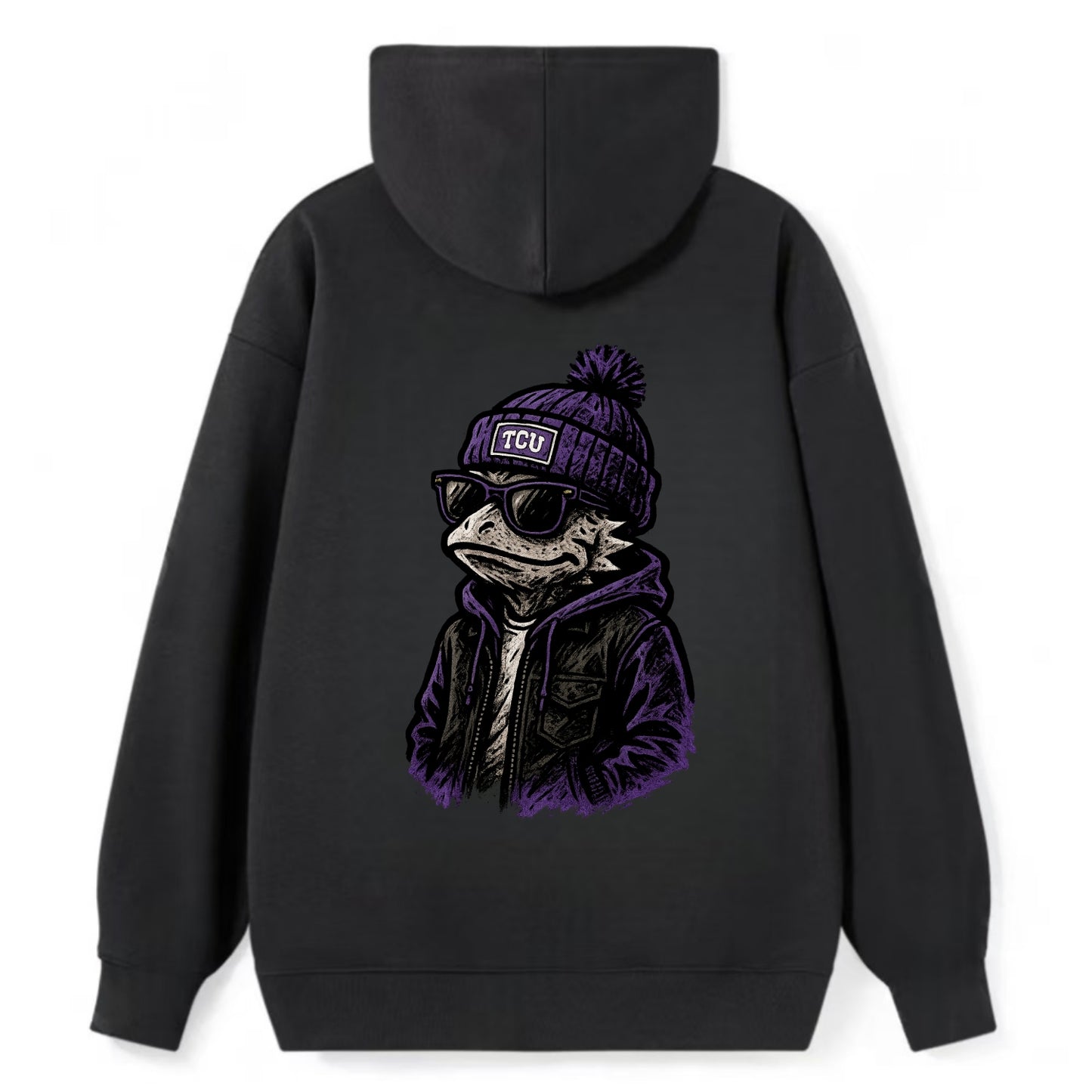 Fort Worth Frog wearing TCU beanie with horned patch - Classic Pullover Hoodie - Black