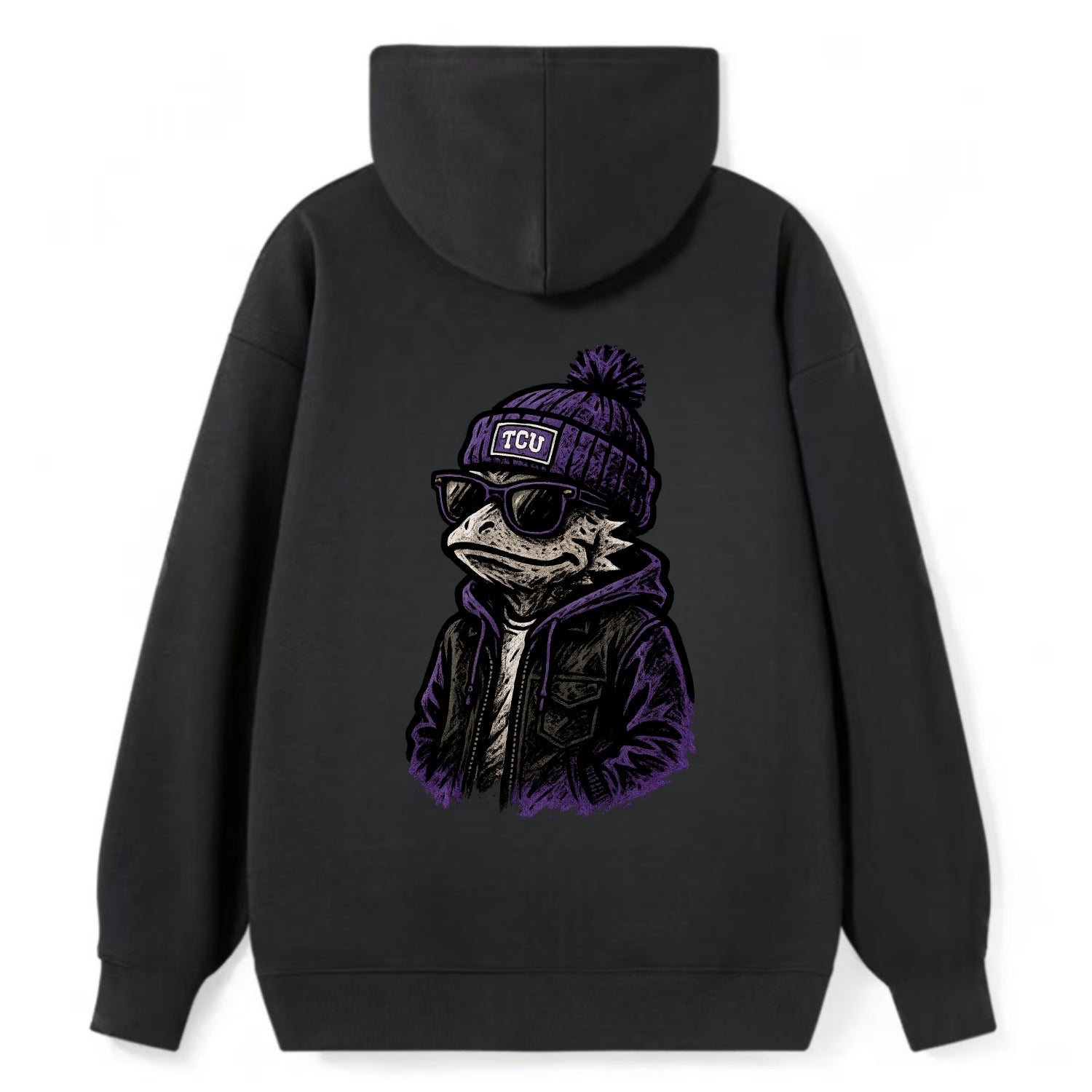 Fort Worth Frog wearing TCU beanie with horned patch - Classic Pullover Hoodie - Black