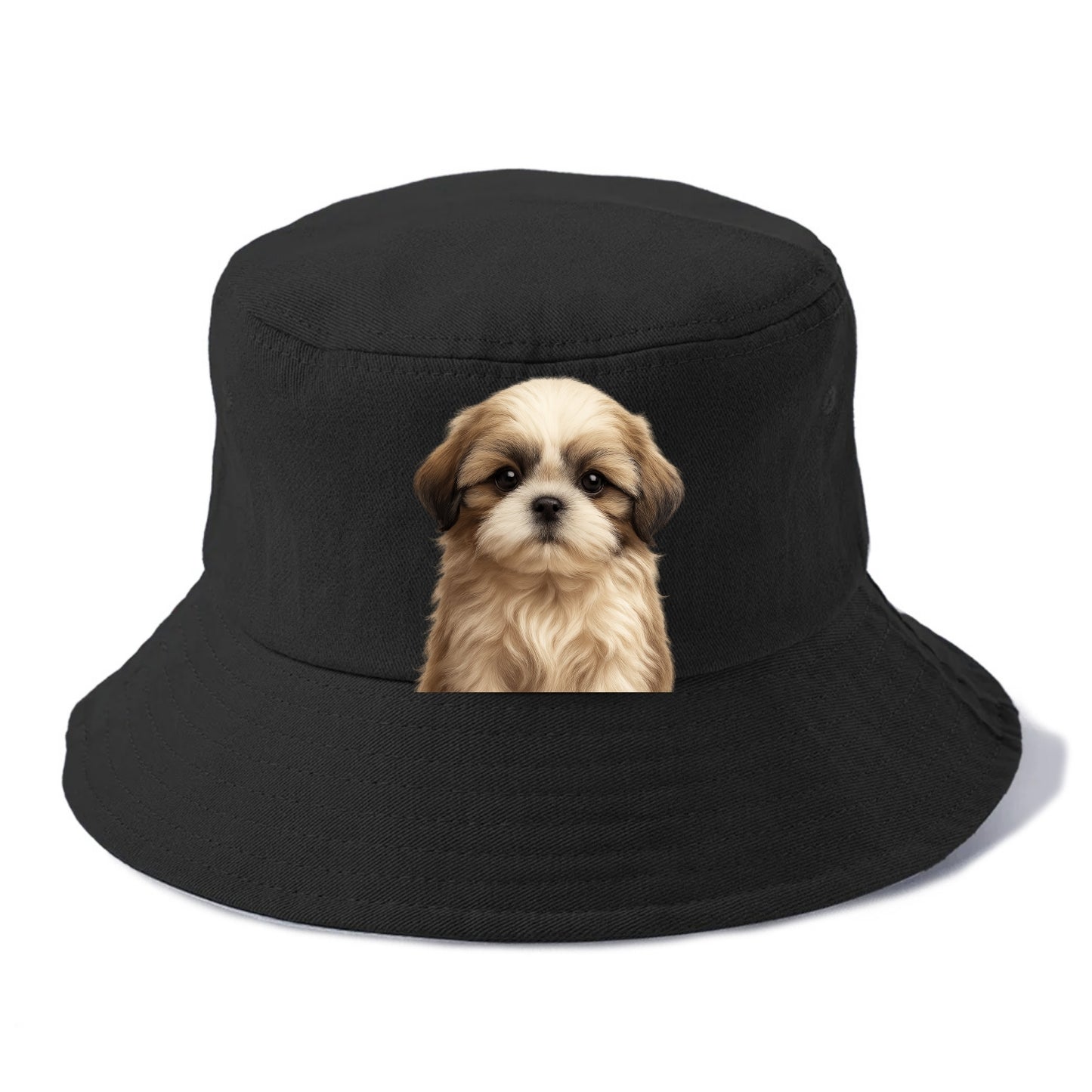 Baby Shih Tzu Puppy - long flowing coat, flat face, big dark eyes, front-facing, royal - Bucket Hat - Black