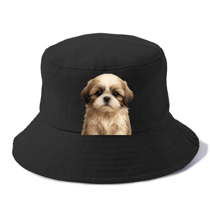 Baby Shih Tzu Puppy - long flowing coat, flat face, big dark eyes, front-facing, royal - Bucket Hat - Black