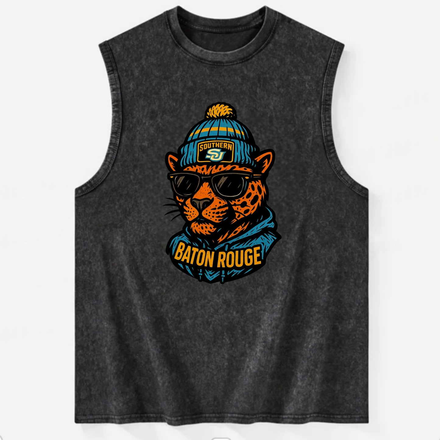 Baton Rouge Jaguar wearing Southern beanie with SU patch - Vintage Washed Tank - Black