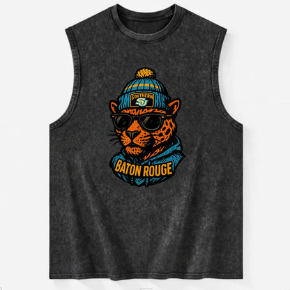 Baton Rouge Jaguar wearing Southern beanie with SU patch - Vintage Washed Tank - Black